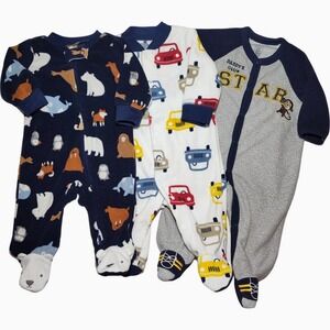 3 Carter's Fleece 3 Mos Footed Sleeper Lot Daddy's All Star Monkey Car Bear Boy